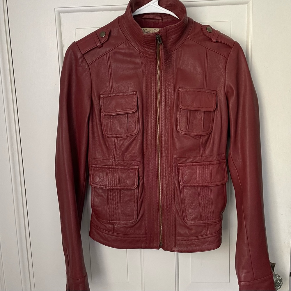Lucky Brand Burgundy 100% Leather Zip Moto Jacket